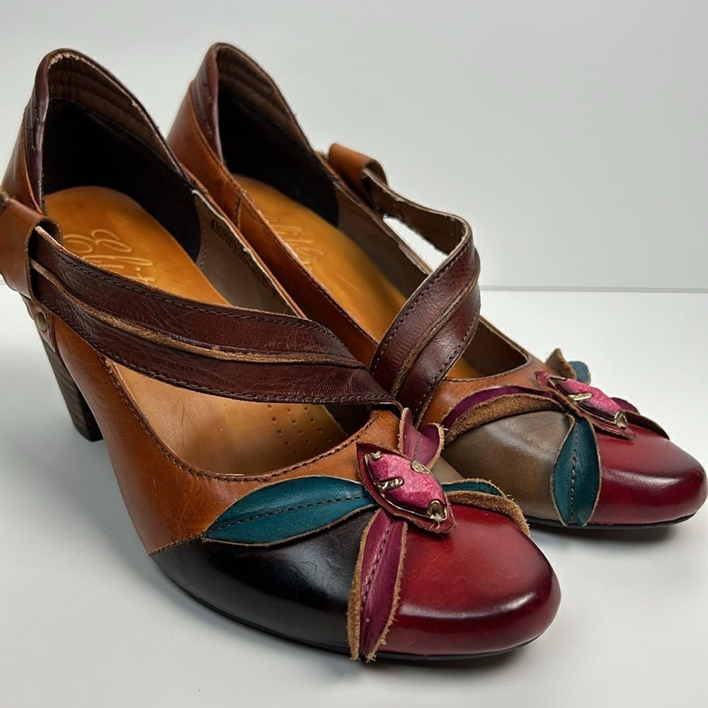 Womens ELITE CORKYS honeysuckle leather heels size 7 colorful unique wooden heel